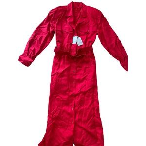 Vintage red 1980s style belted button down dress‎ with shoulder pads size 6